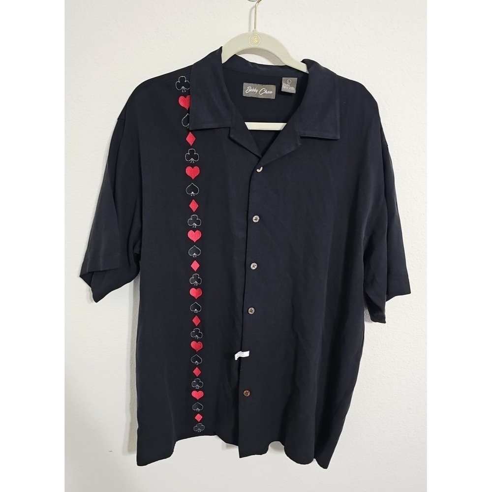 Bobby Chan Mens Sz L Silk Bamboo Floral Button Up Shirt Black‎